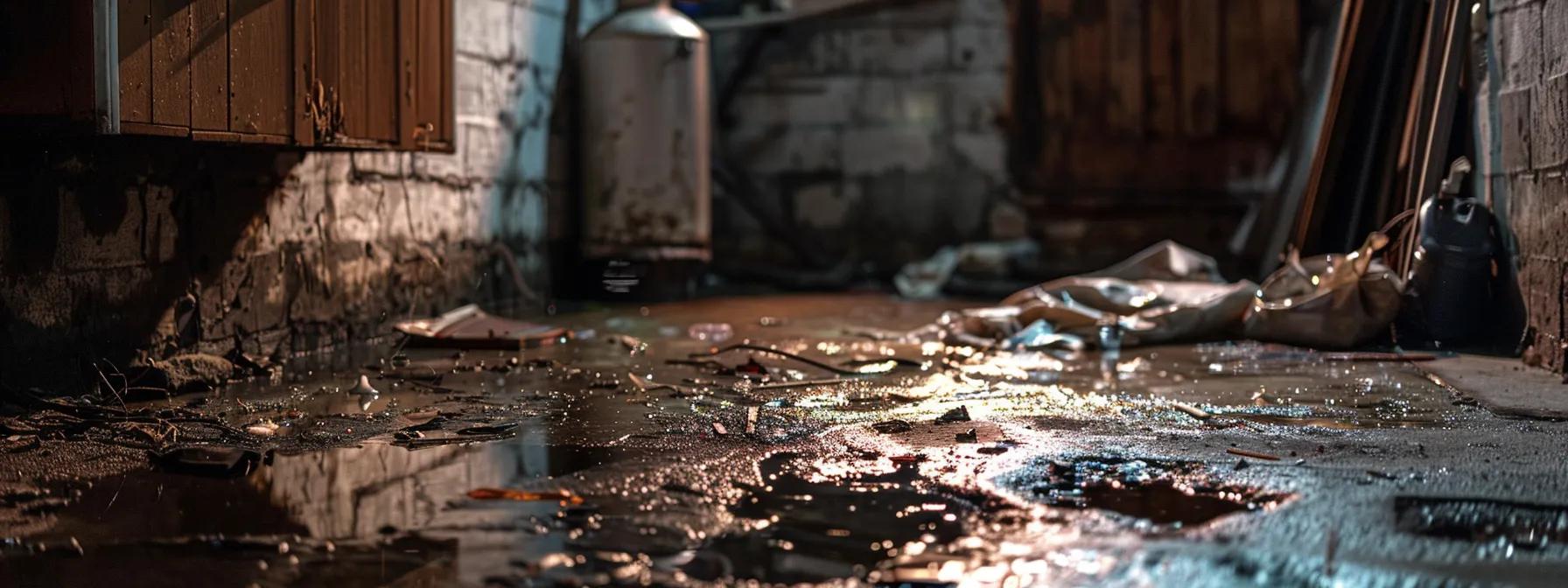 a dimly lit, cluttered basement reveals signs of water damage, featuring peeling paint and puddles on the concrete floor, highlighting the urgent need for waterproofing solutions.