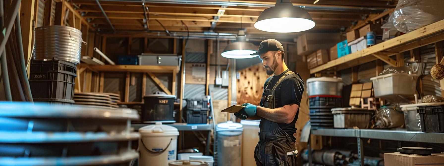 a meticulously organized basement restoration scene showcasing advanced waterproofing techniques, featuring a technician examining modern equipment and water-resistant materials under focused overhead lighting.