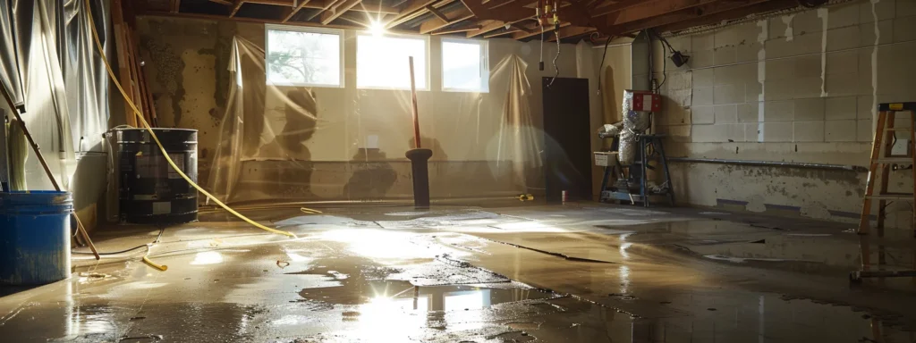 a professional contractor applies waterproofing membranes in a well-lit residential basement, showcasing exposed concrete walls and the meticulous installation of a french drain alongside a ready-to-install sump pump in a clean, organized workspace.
