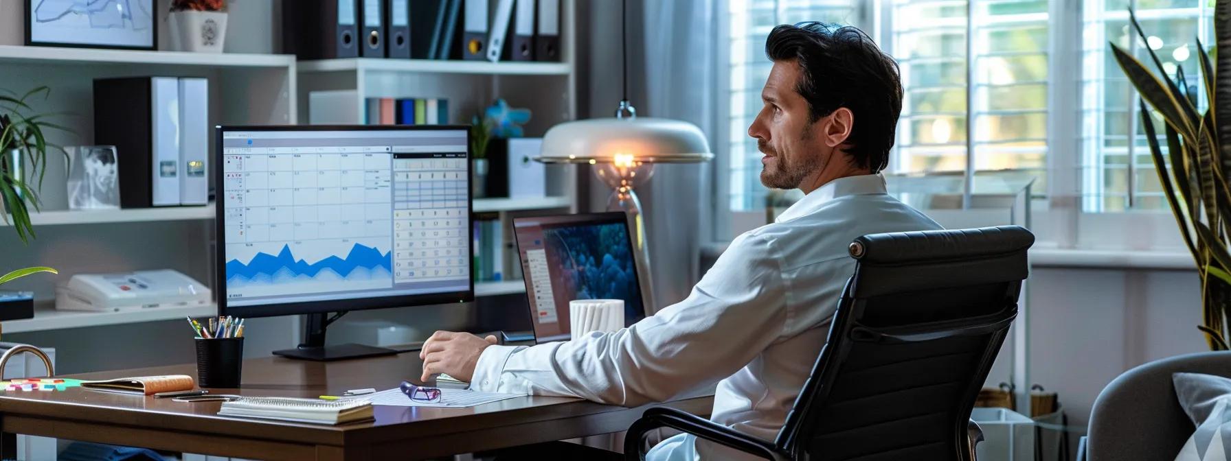 a sleek, modern office space features a professional seated at a polished desk, confidently engaging in a virtual consultation about basement waterproofing solutions on a high-resolution monitor, with a calendar displayed on the screen showcasing effortless scheduling.