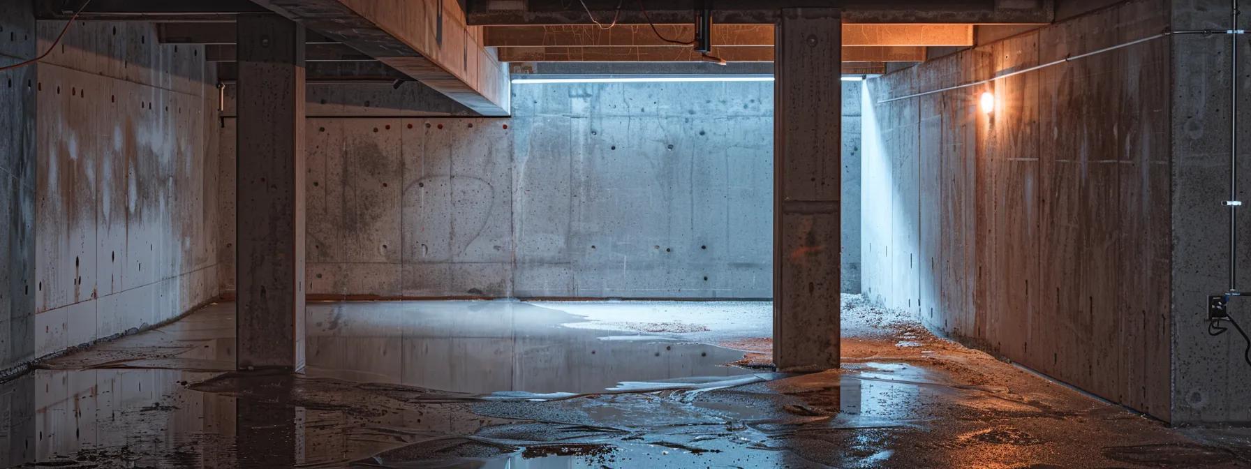 a stark, modern basement renovation scene showcases specialized waterproofing equipment and materials, positioned strategically along the concrete walls to highlight the importance of tailored repairs in damp environments.