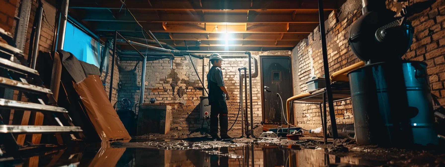 a well-equipped basement waterproofing service in action, showcasing a skilled technician meticulously sealing water leaks with advanced equipment in a dimly lit, industrial-style basement.
