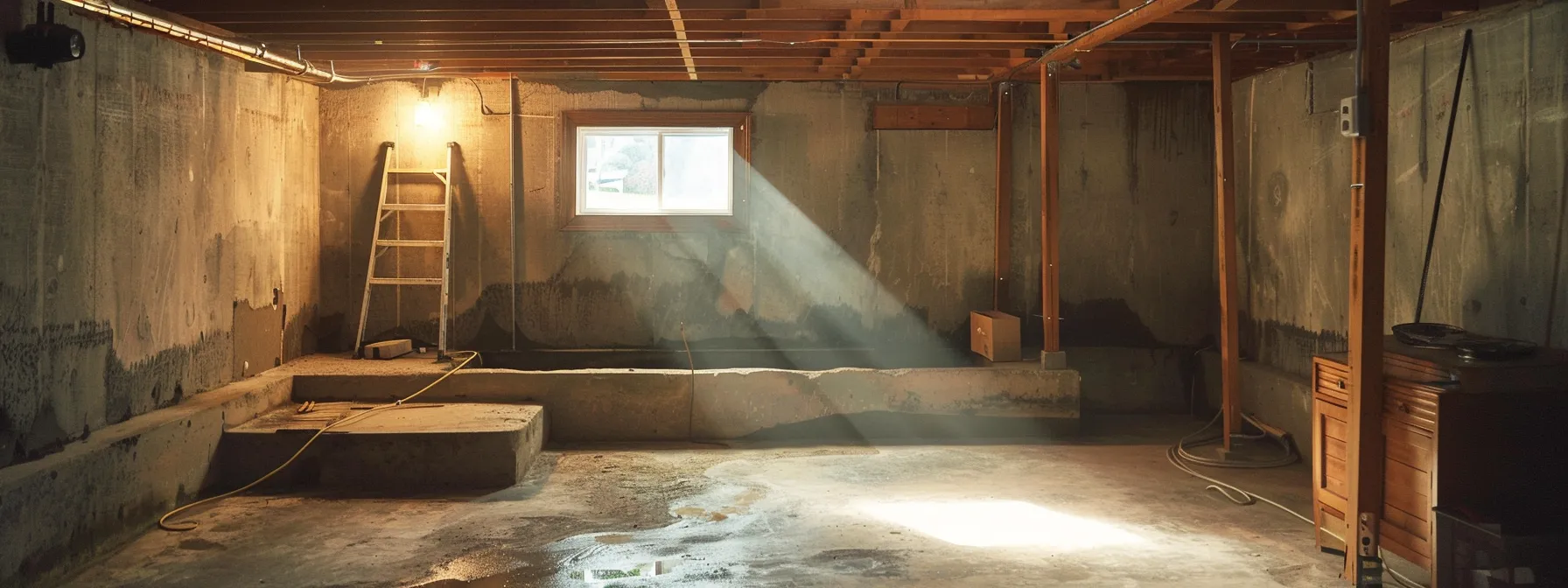 a well-lit residential basement showcases a professional waterproofing process, featuring exposed concrete walls, a contractor sealing cracks with hydraulic cement, and a french drain installation, emphasizing a clean and efficient workspace.