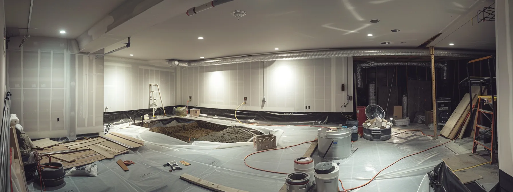 a well-lit residential basement showcases a professional waterproofing process, featuring exposed concrete walls with waterproof membranes being applied, a contractor sealing cracks with hydraulic cement, and a new sump pump ready for installation, all in a clean and organized workspace.