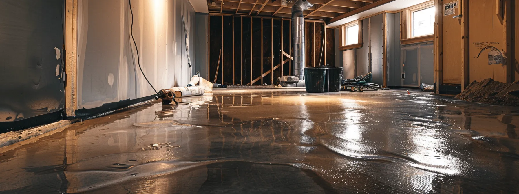a well-lit residential basement showcases a contractor applying waterproofing membranes to the exposed concrete walls while sealing cracks with hydraulic cement and preparing a sump pump for installation, exemplifying the dedication of local services to tailored foundation repairs.