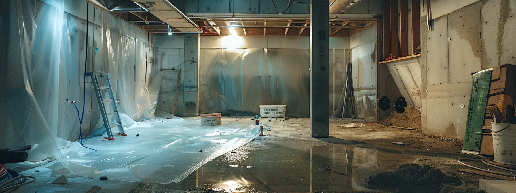 a well-lit basement showcases the innovative waterproofing process, featuring exposed concrete walls with membranes being applied, as contractors expertly seal cracks and install a french drain, creating a clean and professional environment.