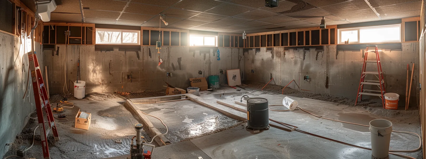 a well-lit residential basement showcases the intense waterproofing process, featuring exposed concrete walls, a contractor applying waterproof membranes, another installing a perimeter french drain, and a sump pump awaiting setup, all in a clean and organized workspace.