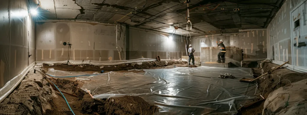 a well-lit residential basement showcases the waterproofing process, featuring exposed concrete walls, workers in safety gear applying membranes, sealing cracks with hydraulic cement, and installing a french drain, all within a clean and professional environment.