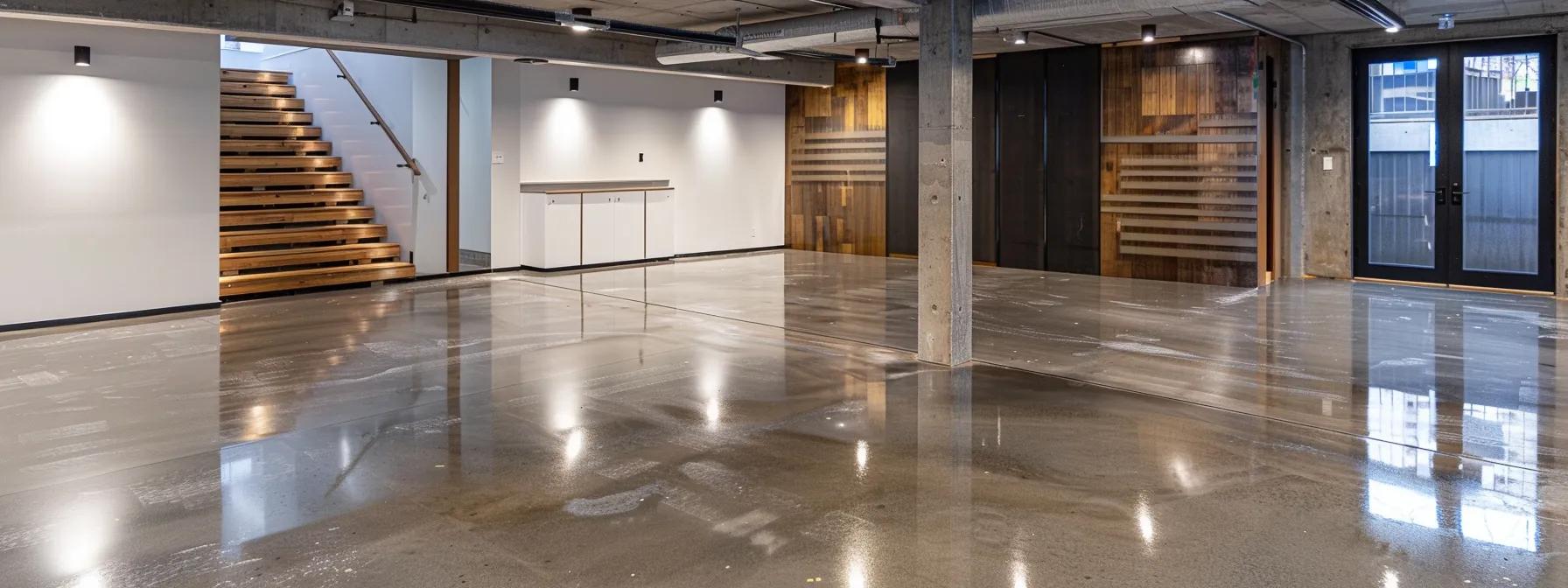 a well-lit, modern basement with sleek waterproofing installations prominently displayed, showcasing professional-grade repair techniques against a backdrop of concrete walls and polished flooring in a well-organized, urban renovation setting.