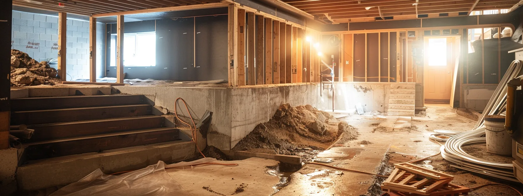 a well-lit basement showcases a professional waterproofing process, featuring exposed concrete walls as contractors apply waterproofing membranes and install a french drain, emphasizing the thorough and tailored approach to ensuring a dry and secure home.