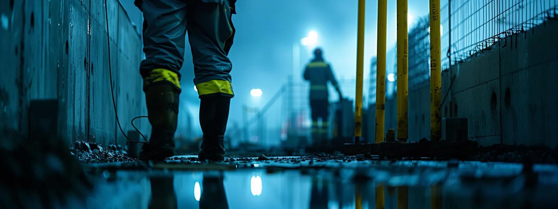 a close-up shot of a modern urban building's foundation, showcasing a sleek and robust exterior waterproofing system being installed, with workers in reflective gear assessing the structure under dramatic artificial lighting, emphasizing the engineering precision and protective features.