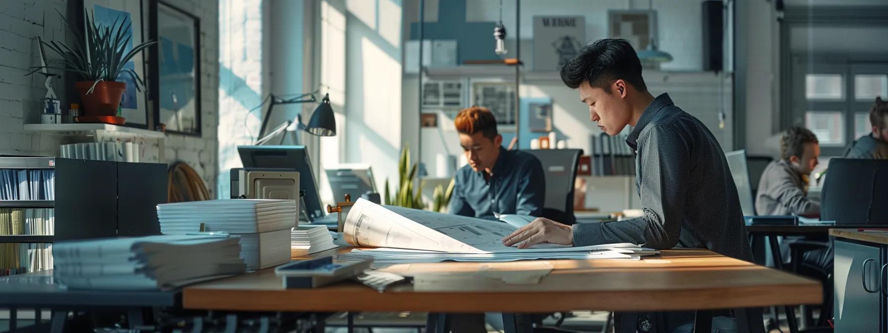 a focused interior shot of a modern foundation repair office in new york city, showcasing skilled experts examining architectural blueprints and using advanced tools, with a clean, professional atmosphere emphasizing efficiency and reliability.