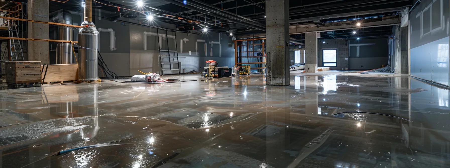 a modern urban basement undergoing a professional waterproofing transformation, showcasing advanced sealant application techniques amidst clean, industrial tools and equipment, emphasizing an effective solution to nyc's basement water problems.