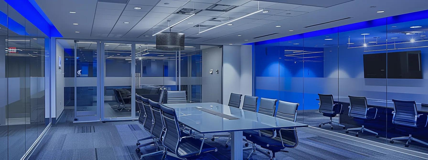 a modern urban office space features a sleek conference room, showcasing a dynamic team of waterproofing experts engaged in a collaborative discussion over blueprints and digital maps highlighting waterproofing solutions tailored for basements in the five boroughs and staten island.