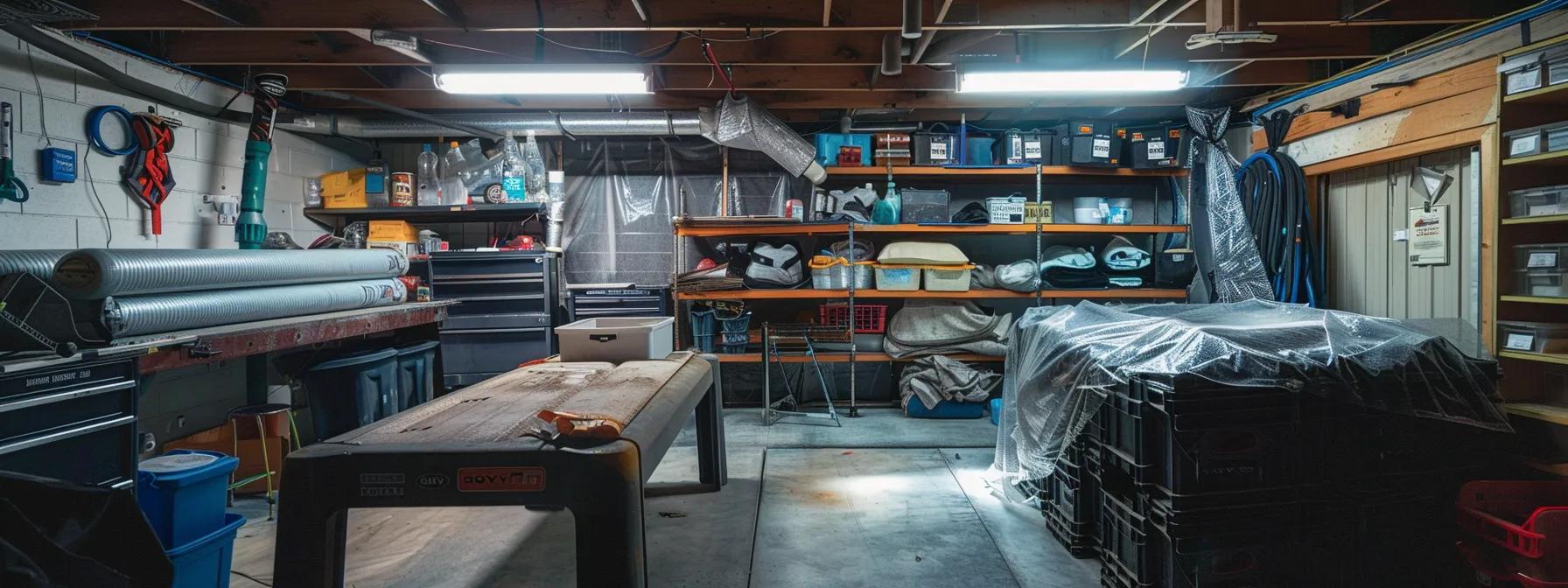 a modern, well-lit crawl space repair workshop showcases advanced encapsulation equipment and materials organized neatly, emphasizing the professionalism and expertise in creating safe, moisture-free environments for homes in nyc and staten island.