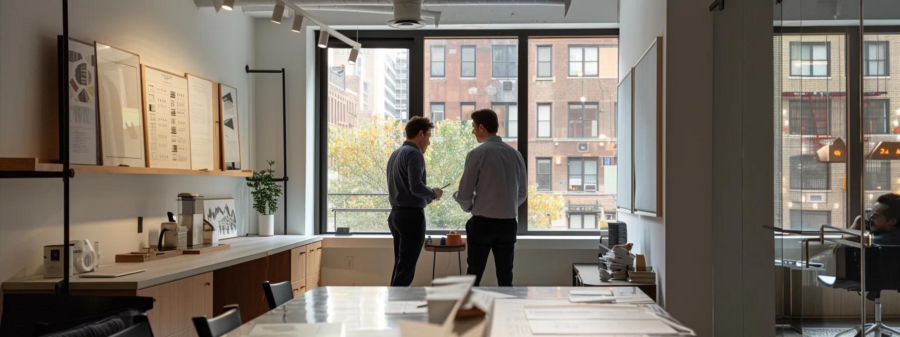 a sleek, modern office space in new york city, featuring a confident homeowner consulting with a knowledgeable basement waterproofing contractor, surrounded by detailed blueprints and materials for a thorough evaluation.