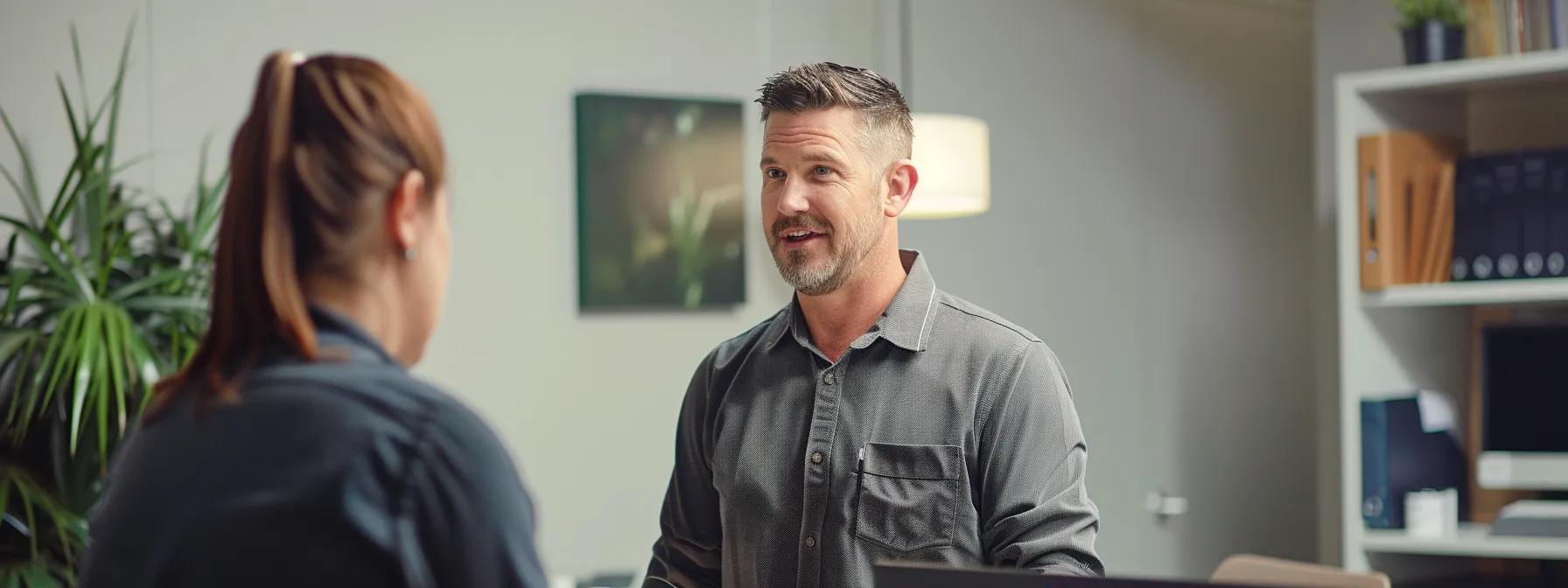 a sleek, professional office environment showcases a confident technician discussing repair solutions with a satisfied homeowner, embodying trust and expertise in urban home repair services.