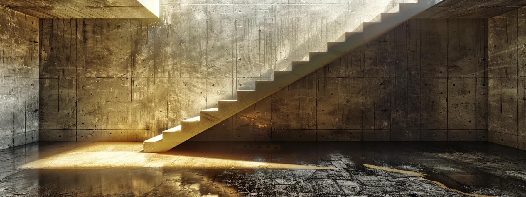 a well-lit, modern basement flooded with diagonal light showcasing visible water stains and efflorescence on the walls, highlighting the urgent need for waterproofing solutions.