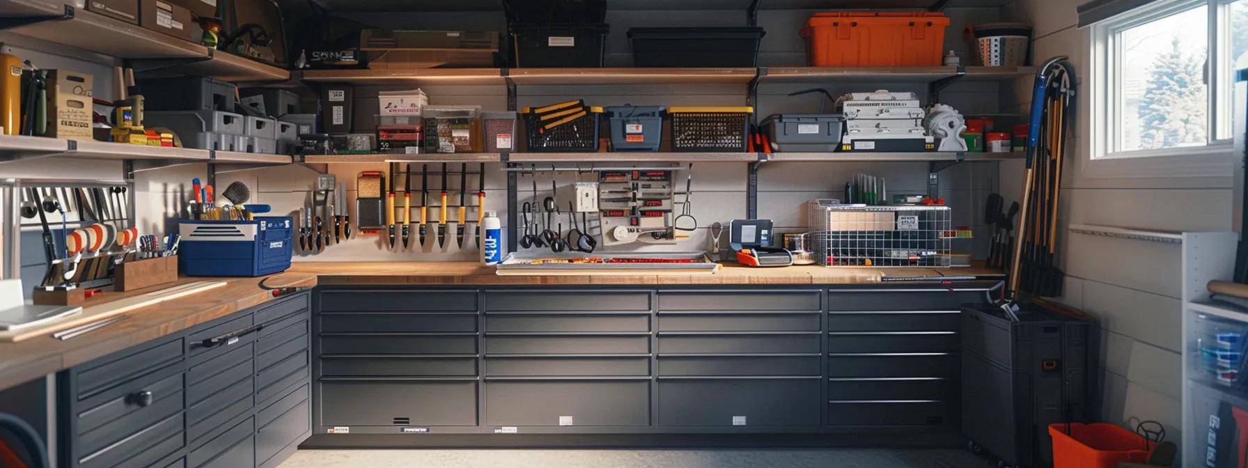 a meticulously organized basement waterproofing workspace showcases an array of high-quality materials and tools displayed on a sleek countertop, emphasizing the precision and professionalism essential for effective installation.