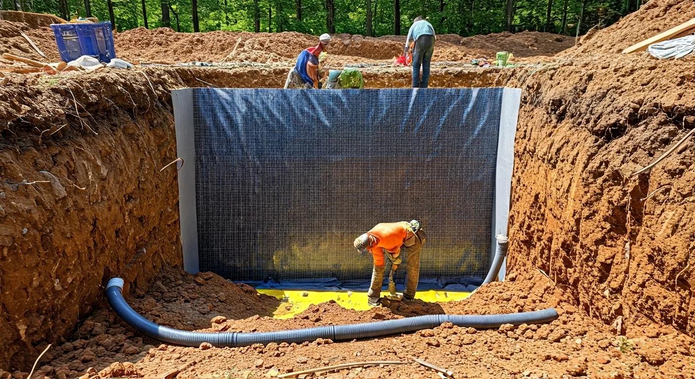 a modern basement undergoing waterproofing in winston salem, featuring workers implementing advanced drainage systems and eco-friendly sealing materials amidst a backdrop of exposed clay-heavy soil and construction tools, emphasizing the tailored solutions to address local building challenges.