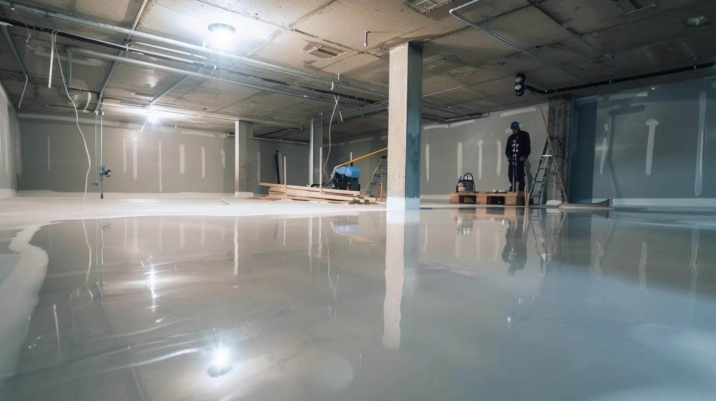 a clean, modern basement undergoing waterproofing treatment, showcasing a professional technician applying specialized sealants to walls while advanced drainage solutions and sump pumps are installed, all illuminated by bright overhead lights to highlight the meticulous work and state-of-the-art equipment.