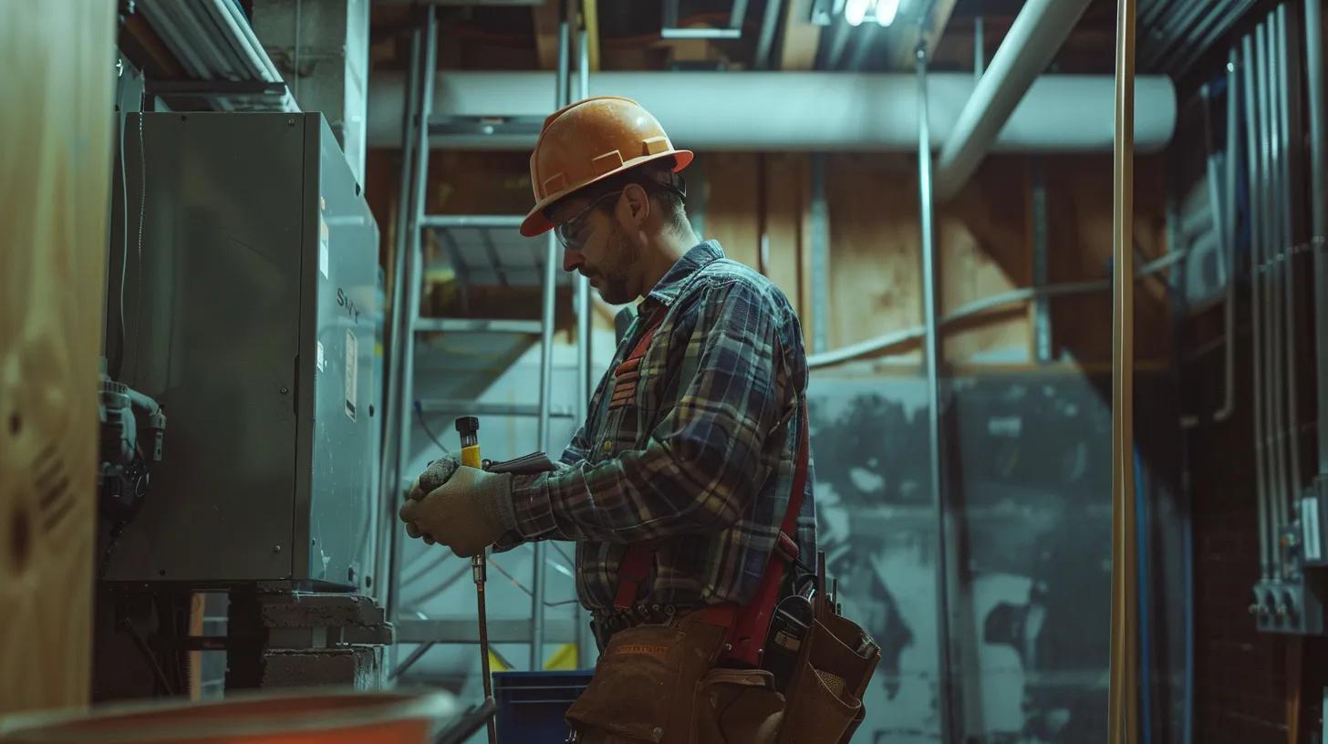 a professional-grade interior scene capturing a basement waterproofing contractor confidently inspecting a newly treated wall, surrounded by advanced equipment and materials, under bright, focused artificial lighting that emphasizes the task at hand.