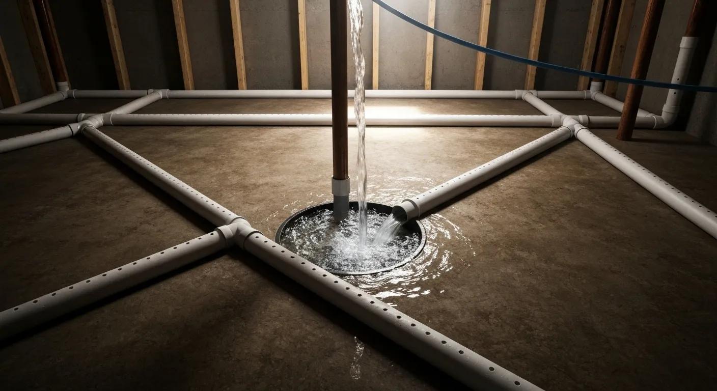 Interior drainage system with perforated piping and sump pump in a basement