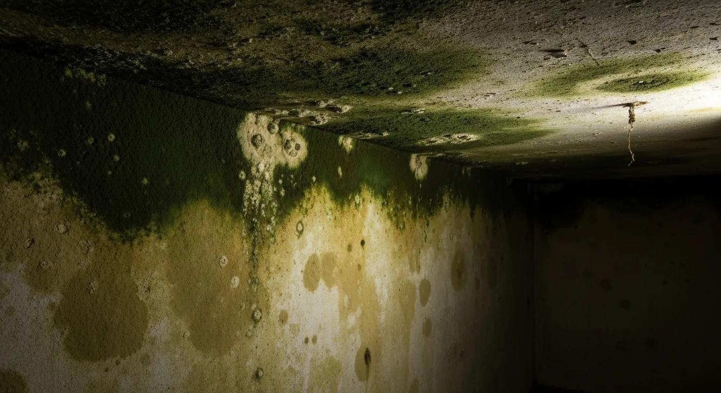Visible signs of mold and dampness in a basement, indicating moisture problems