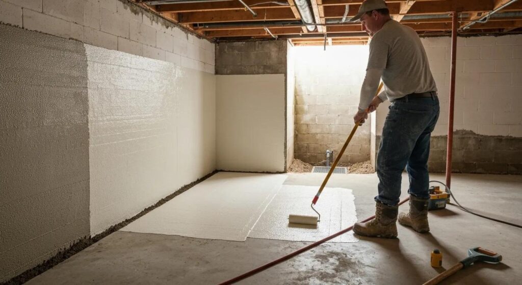 Professional basement waterproofing technician applying waterproofing membrane in a residential basement