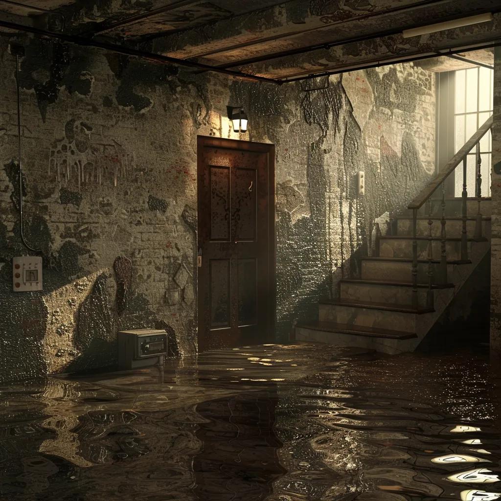 Basement showing water damage with stains, standing water, and mold growth
