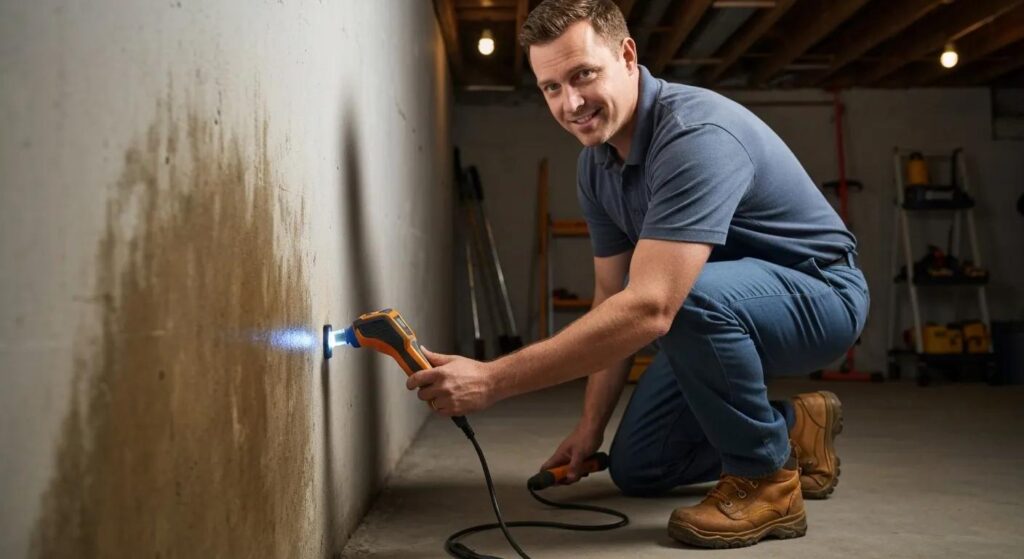 Skilled basement waterproofing professional examining a damp basement wall for issues
