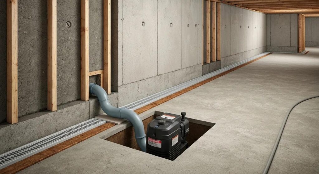 Interior basement waterproofing process with drainage channel and sump pump