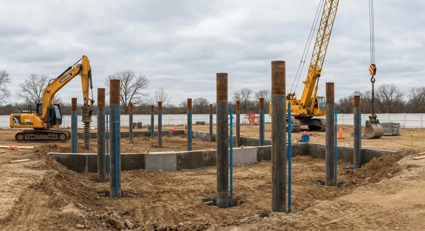 Foundation repair work in progress, showing helical piers and wall anchors being installed
