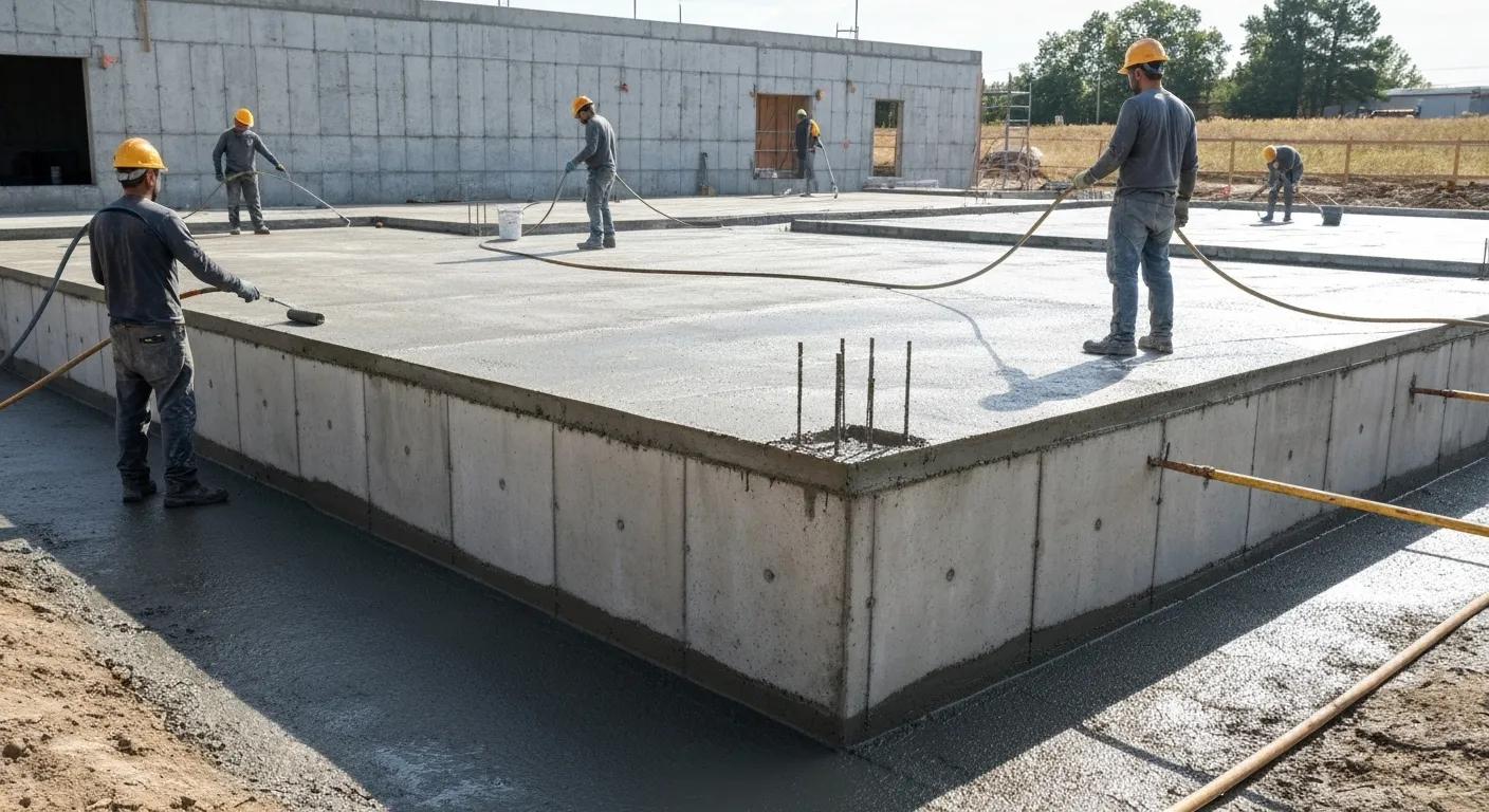Exterior waterproofing methods applied to a foundation with workers in action