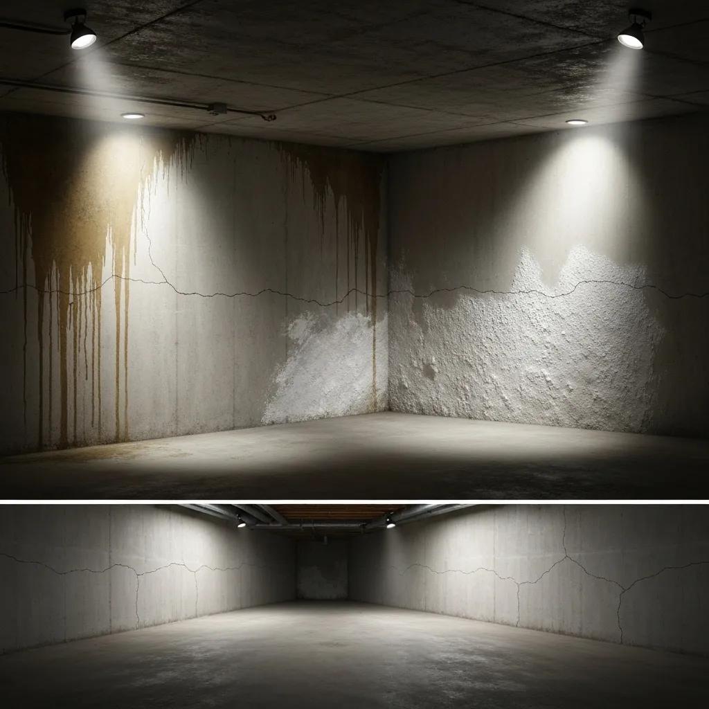 Visible signs of hidden basement water damage, such as water stains and cracks on walls