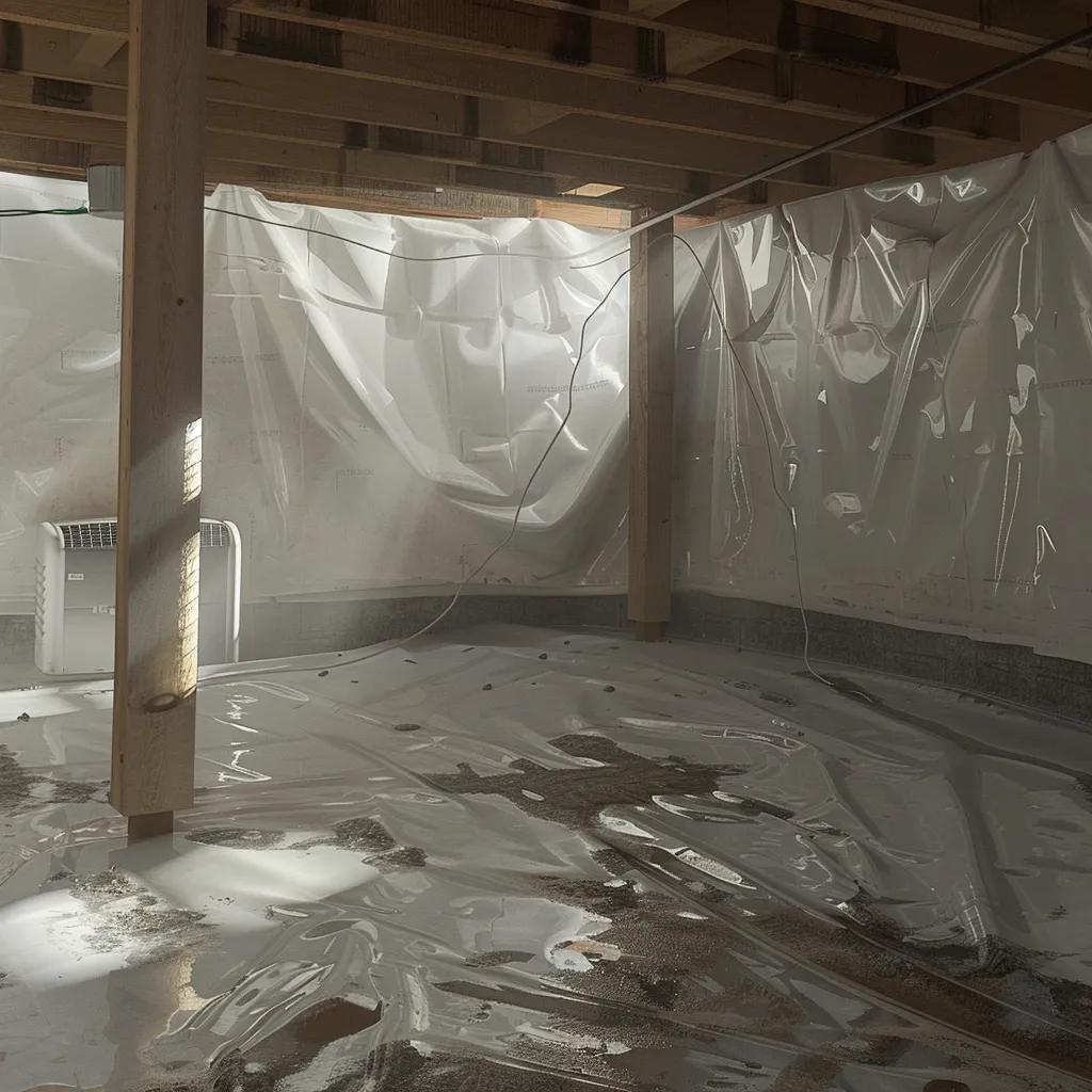 Crawl space encapsulation with vapor barrier and dehumidifier installed