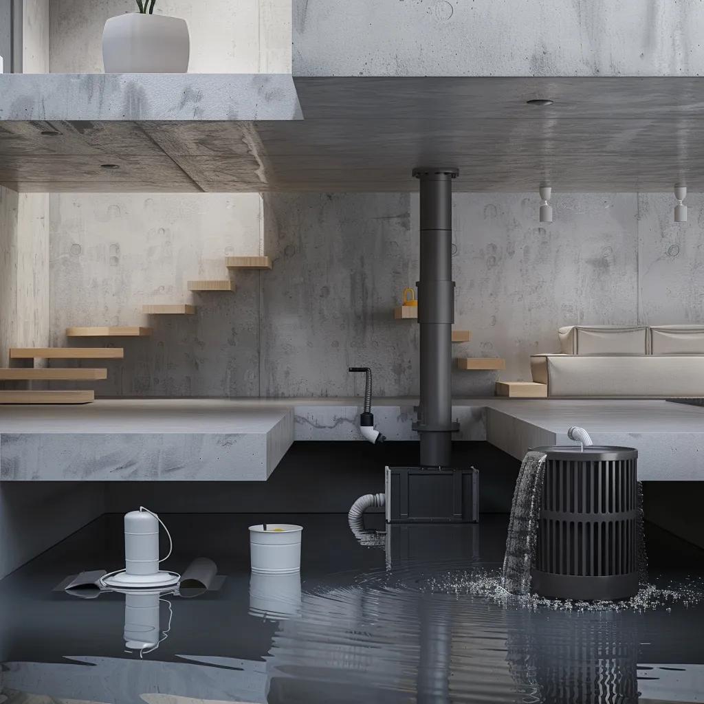 Modern basement waterproofing setup with sump pump and drainage system